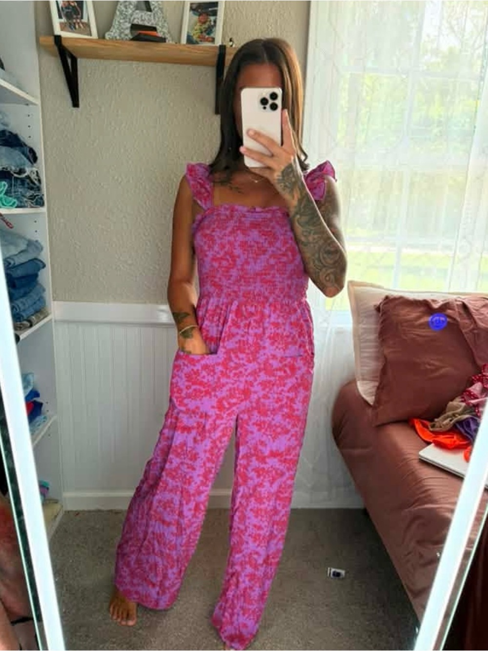 Women's Pink Floral Wide-Leg Jumpsuit